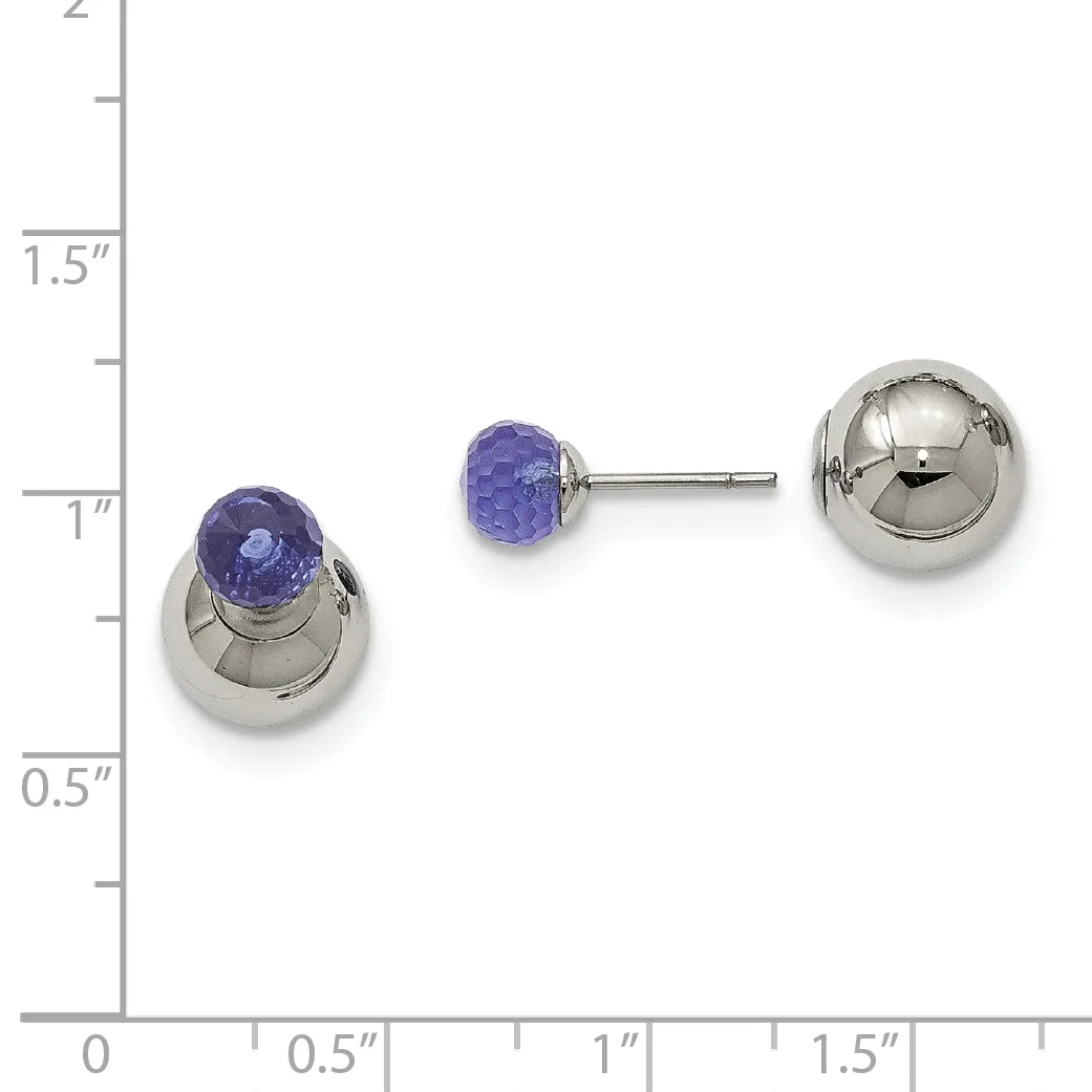 Three silver earrings displayed against a ruler: two studs with faceted purple stones in domed settings, and one polished silver ball stud, shown at actual size.