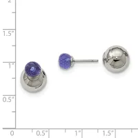 Three silver earrings displayed against a ruler: two studs with faceted purple stones in domed settings, and one polished silver ball stud, shown at actual size.
