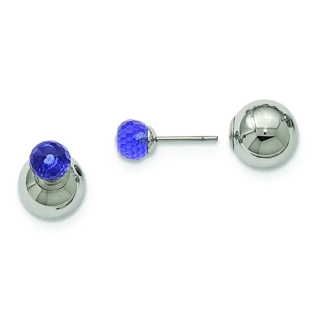 Three sterling silver earrings displayed against a white background: two stud earrings with faceted blue stones and polished ball backs, and one pair of plain polished silver ball studs.