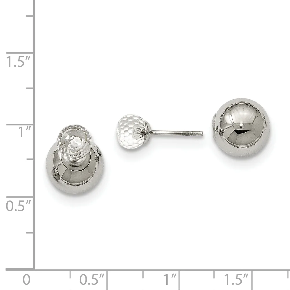 Three silver earrings displayed next to a measurement ruler: two larger polished ball studs and one smaller textured ball stud on a post.
