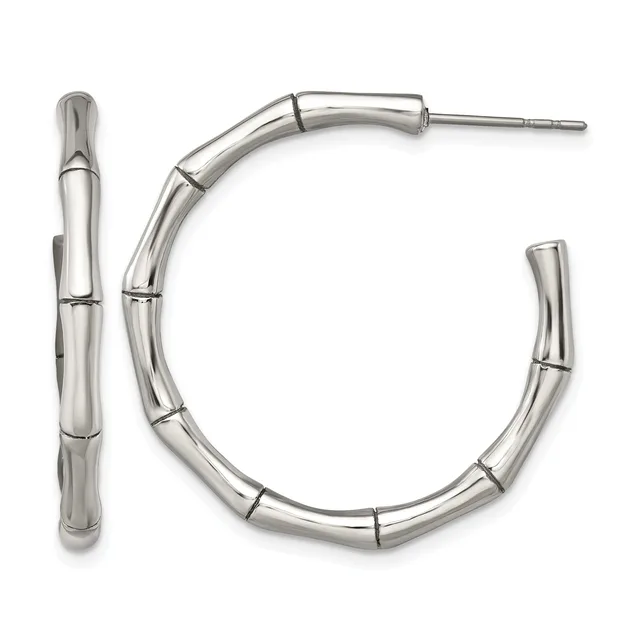 A pair of polished silver bamboo-textured hoop earrings with posts and backs, shown from the front and side.