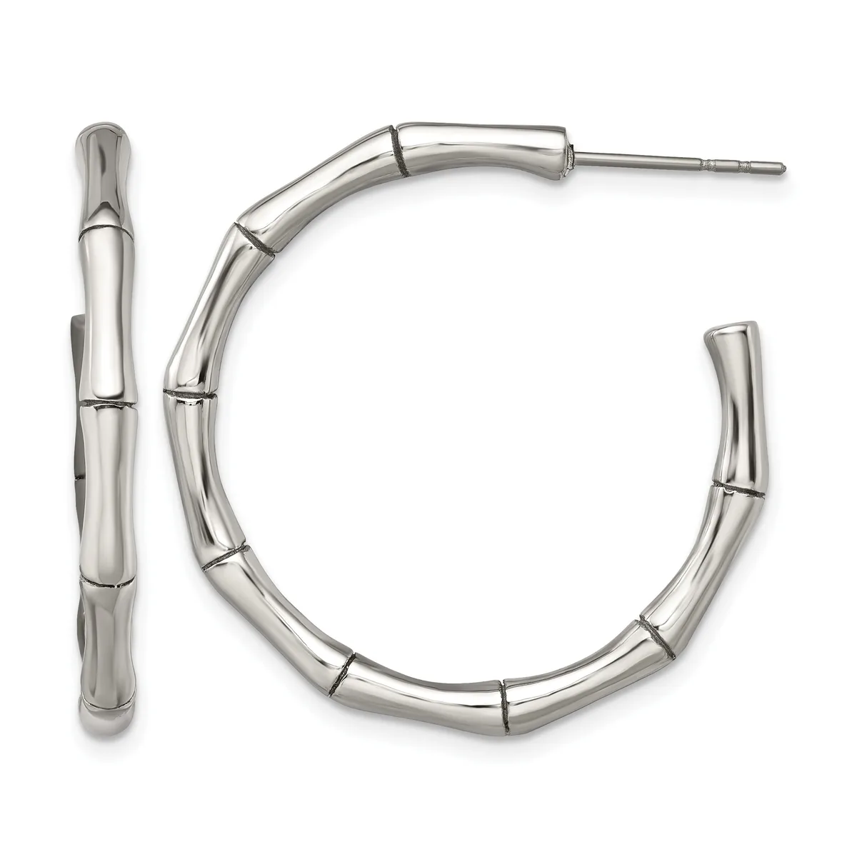 A pair of polished silver bamboo-textured hoop earrings with posts and backs, shown from the front and side.