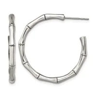 A pair of polished silver bamboo-textured hoop earrings with posts and backs, shown from the front and side.