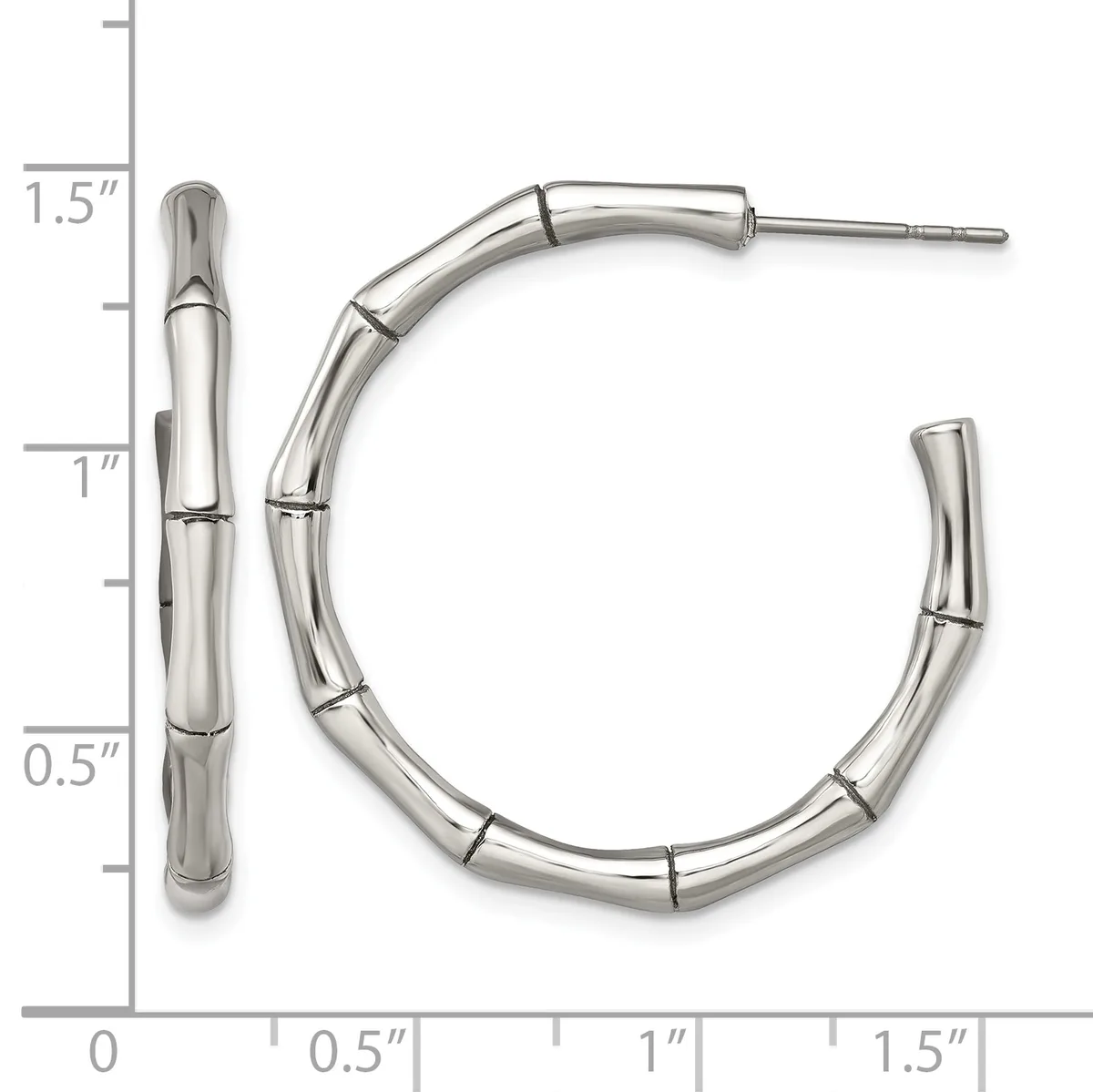 Two polished silver-toned hoop earrings with segmented bamboo-style tubing, shown next to a ruler indicating approximately one and one-half inches in length.