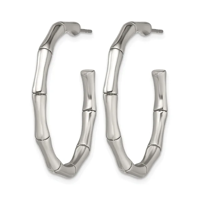 Pair of silver-toned hoop earrings with a bamboo-segmented design and post backs, shown against a white background.
