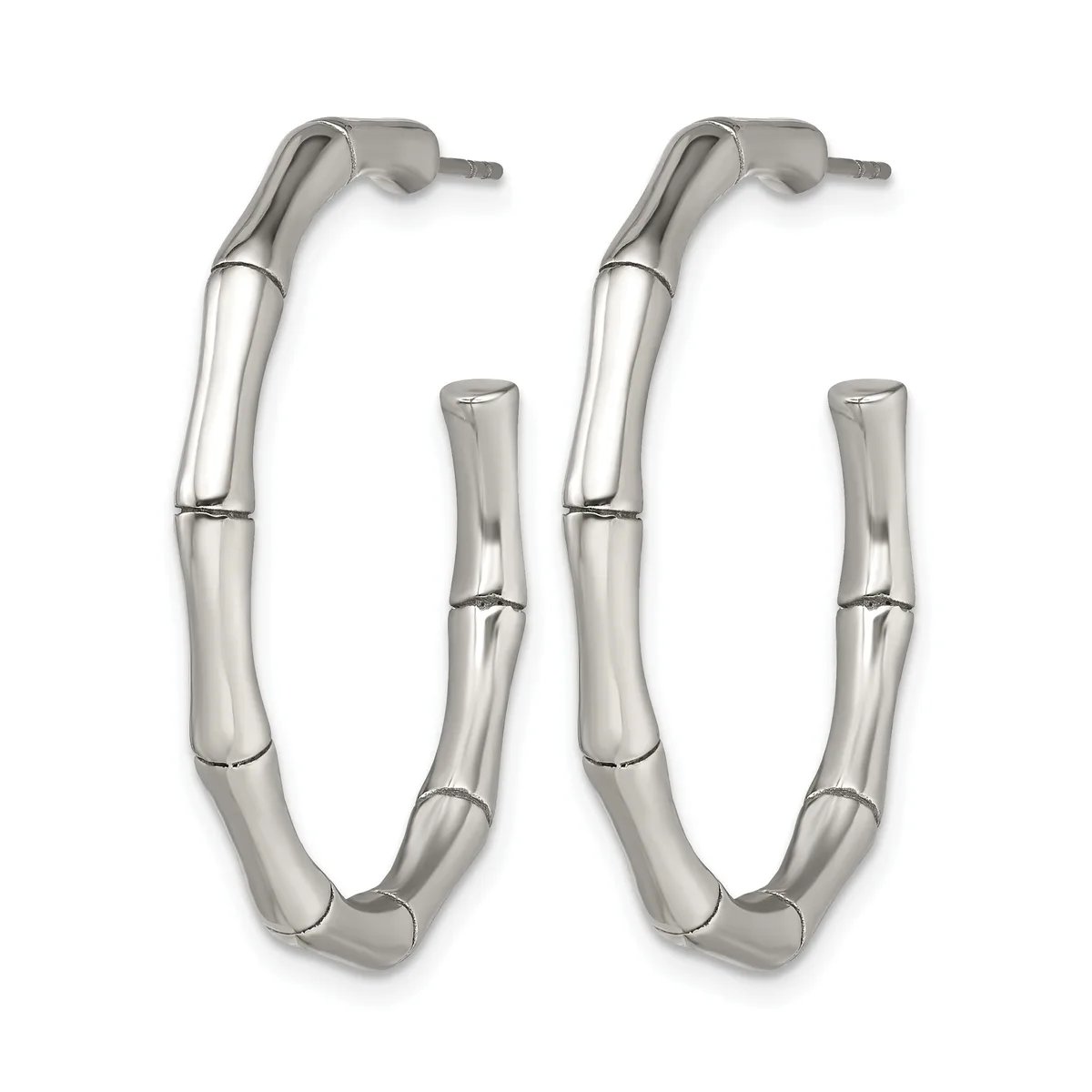Pair of silver-toned hoop earrings with a bamboo-segmented design and post backs, shown against a white background.