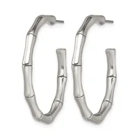 Pair of silver-toned hoop earrings with a bamboo-segmented design and post backs, shown against a white background.