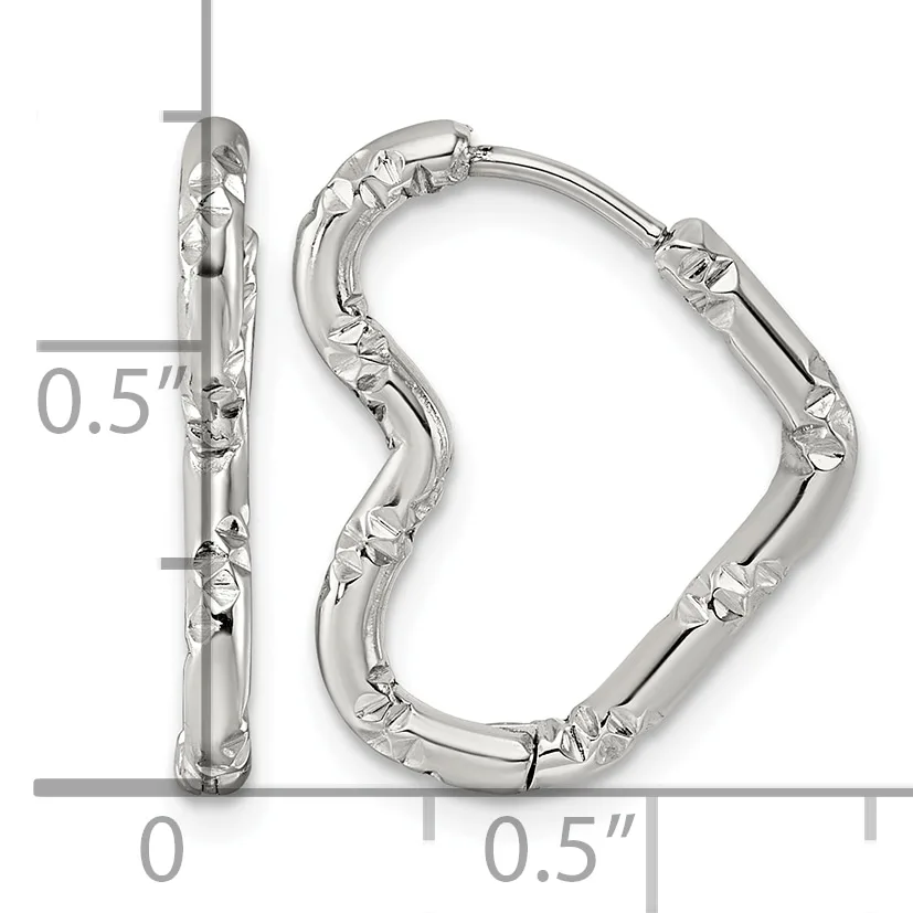 A pair of silver hoop earrings with a textured, hammered surface finish shown against a measurement scale indicating approximately 0.5 inches in width.