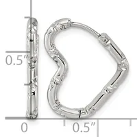 A pair of silver hoop earrings with a textured, hammered surface finish shown against a measurement scale indicating approximately 0.5 inches in width.