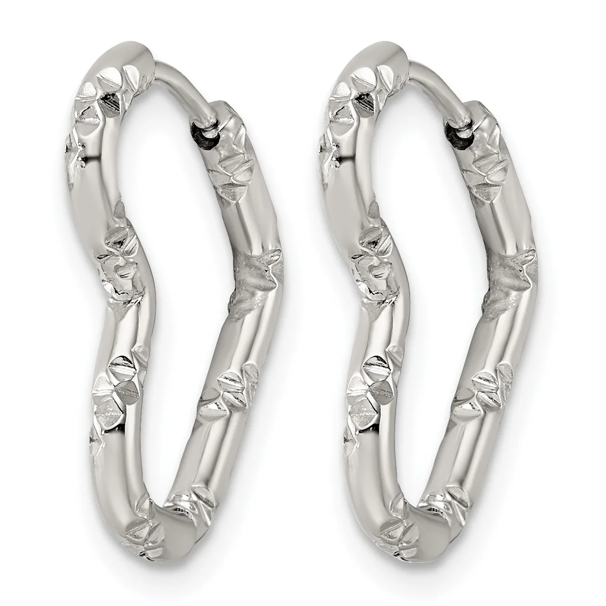 A pair of silver textured hoop earrings with a hammered surface finish and rounded rectangular shape.