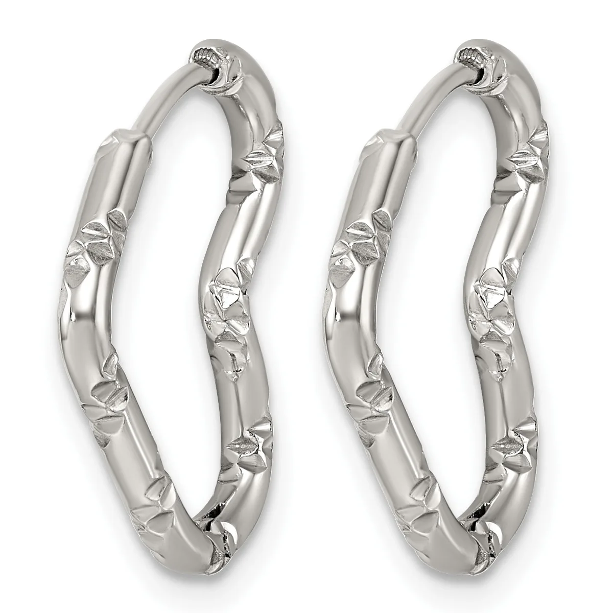A pair of silver hoop earrings with textured leaf or floral detailing along the outer surfaces, displayed against a white background.