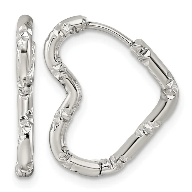 A pair of silver hoop earrings with a textured, hammered surface and hinged closures, displayed from front and side views.