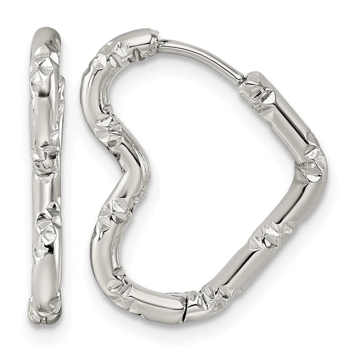 A pair of silver hoop earrings with a textured, hammered surface and hinged closures, displayed from front and side views.