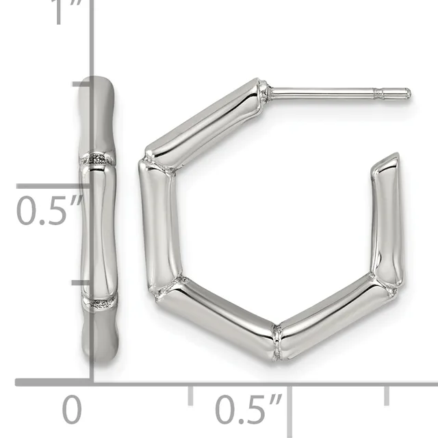 Pair of polished silver-tone chunky square hoop earrings with small hallmarks, shown with measurement scale indicating approximately one inch width.
