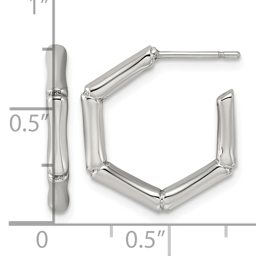Pair of polished silver-tone chunky square hoop earrings with small hallmarks, shown with measurement scale indicating approximately one inch width.