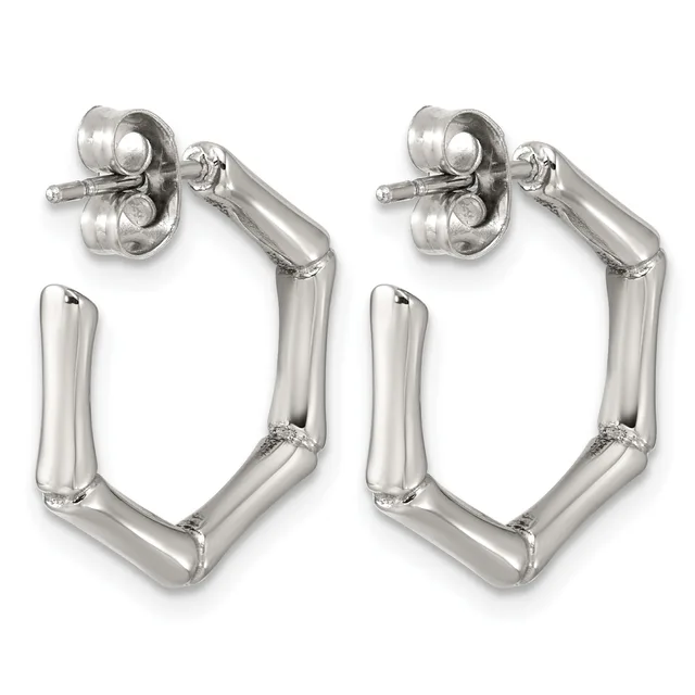 A pair of silver-toned rectangular hoop earrings with curved tubing and post backs, shown from the front.