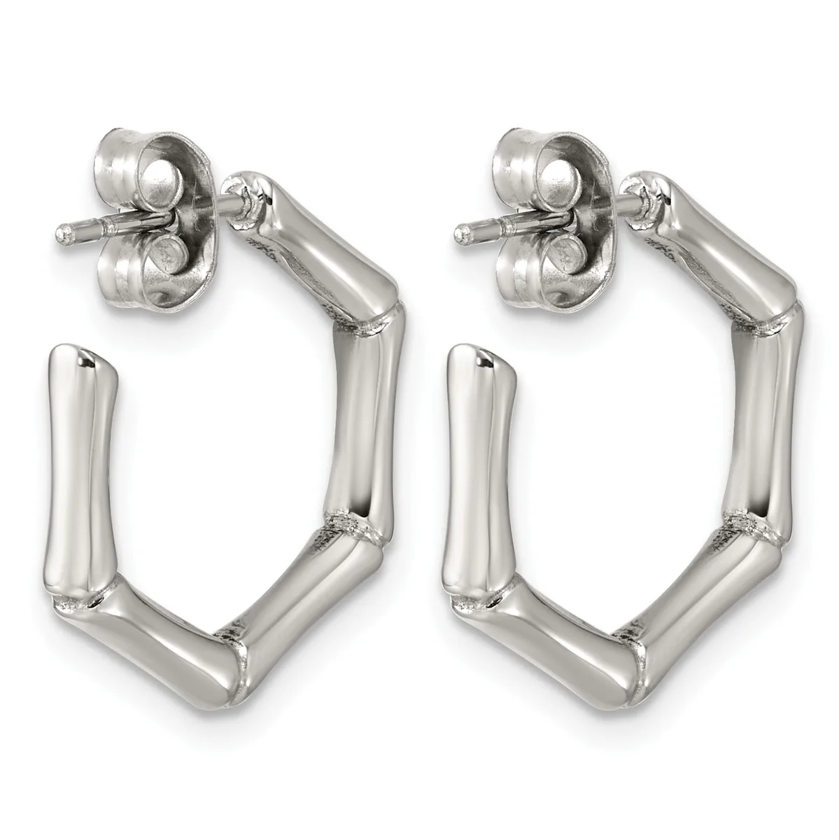 A pair of silver-toned rectangular hoop earrings with curved tubing and post backs, shown from the front.
