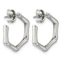 A pair of silver-toned rectangular hoop earrings with curved tubing and post backs, shown from the front.