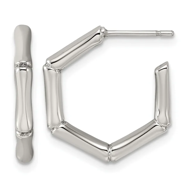 A pair of polished silver hoop earrings with textured bands and small hallmarks, displayed as a front view and a side angle view.