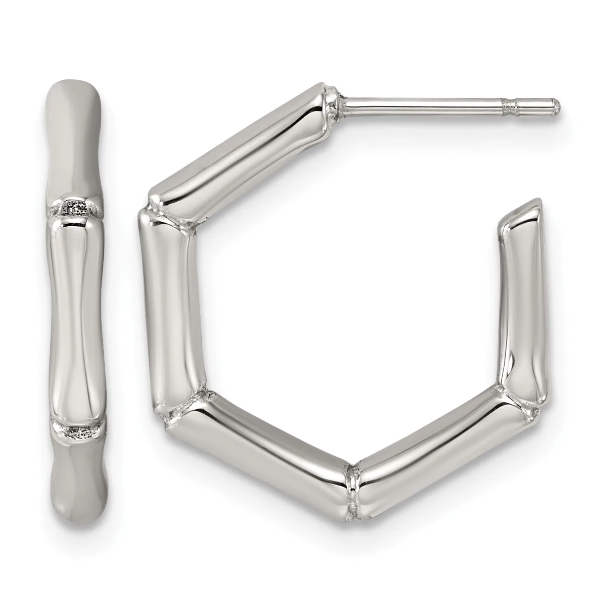 A pair of polished silver hoop earrings with textured bands and small hallmarks, displayed as a front view and a side angle view.