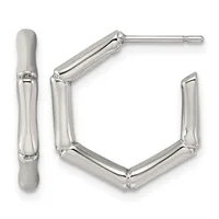 A pair of polished silver hoop earrings with textured bands and small hallmarks, displayed as a front view and a side angle view.