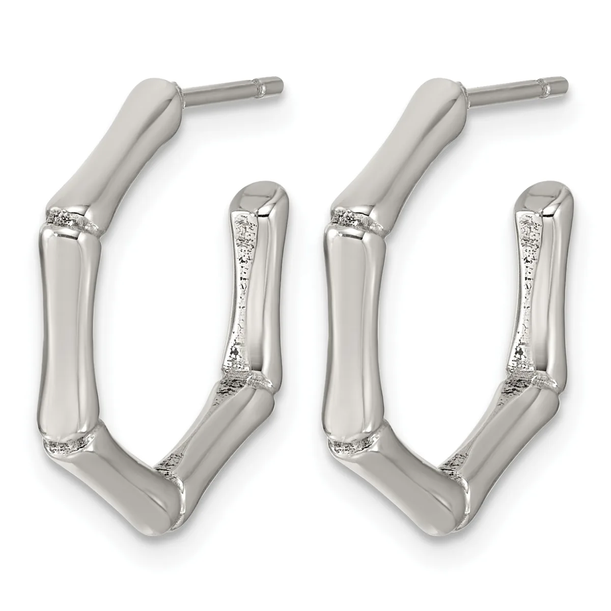 A pair of silver hoop earrings with rectangular tubing and diamond accents on the inner corners, shown from the front against a white background.