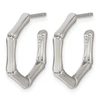 A pair of silver hoop earrings with rectangular tubing and diamond accents on the inner corners, shown from the front against a white background.