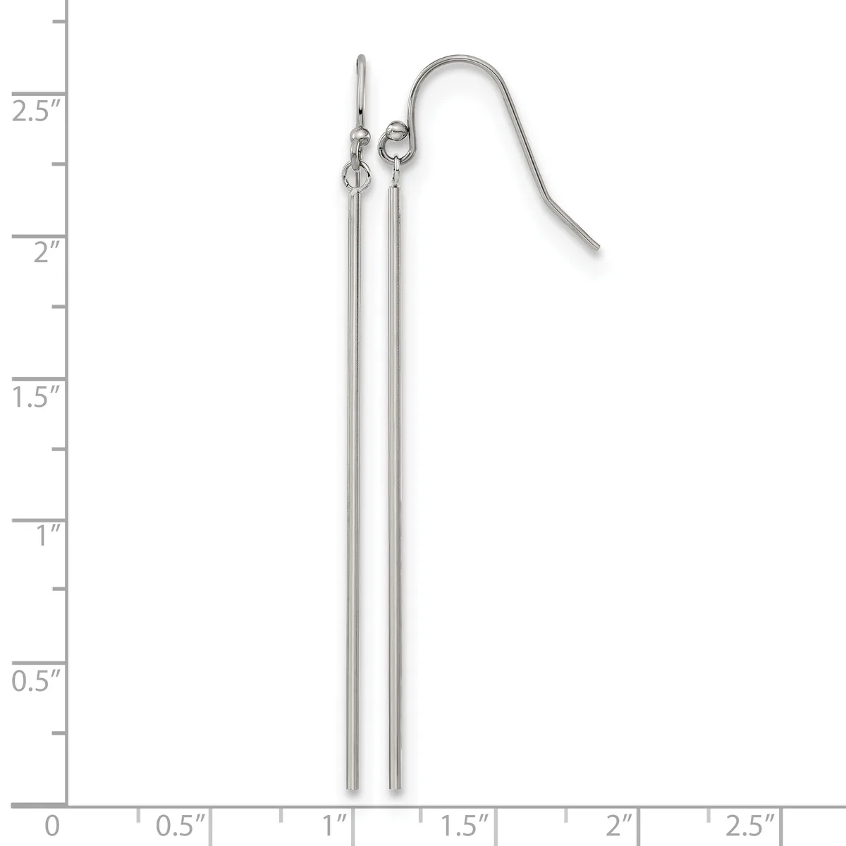 A pair of long silver-toned drop earrings with curved ear wires, displayed against a measurement ruler showing approximately 2.5 inches in length.