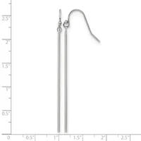 A pair of long silver-toned drop earrings with curved ear wires, displayed against a measurement ruler showing approximately 2.5 inches in length.
