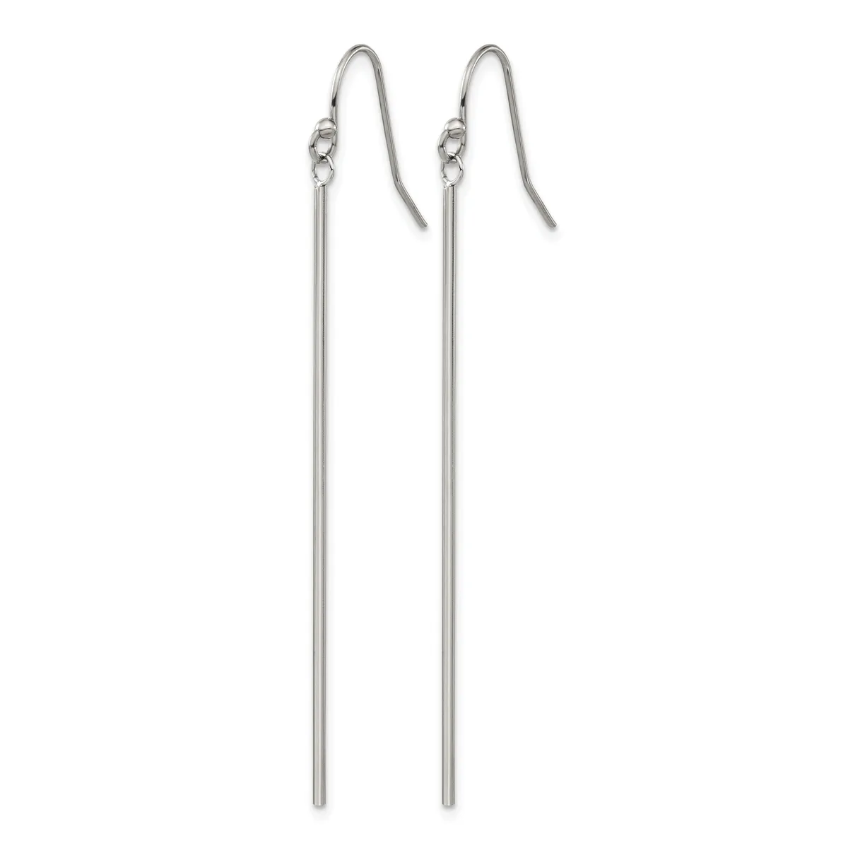 A pair of silver-toned threader earrings with long straight bars hanging from curved ear wires.