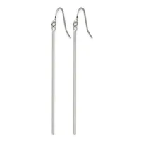 A pair of silver-toned threader earrings with long straight bars hanging from curved ear wires.