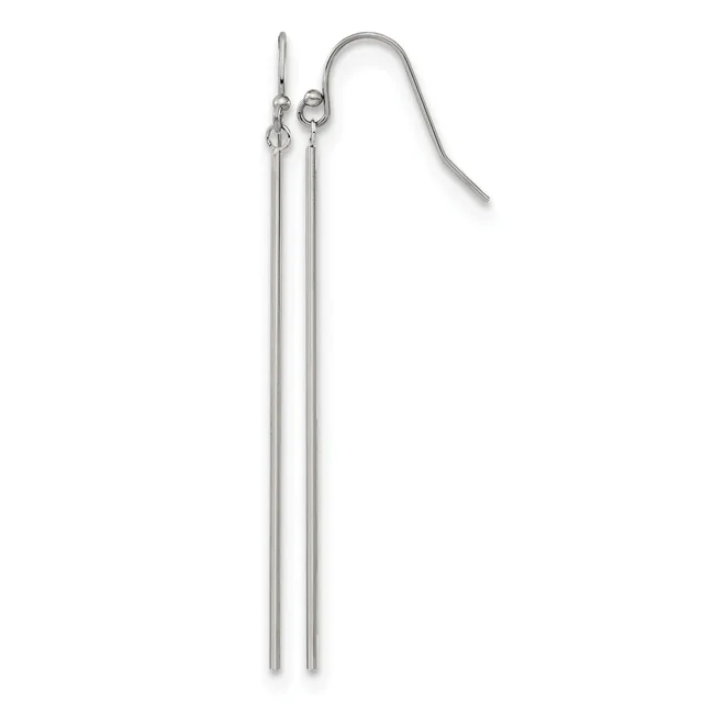 A pair of long silver stick earrings with curved ear wires, displayed against a white background.