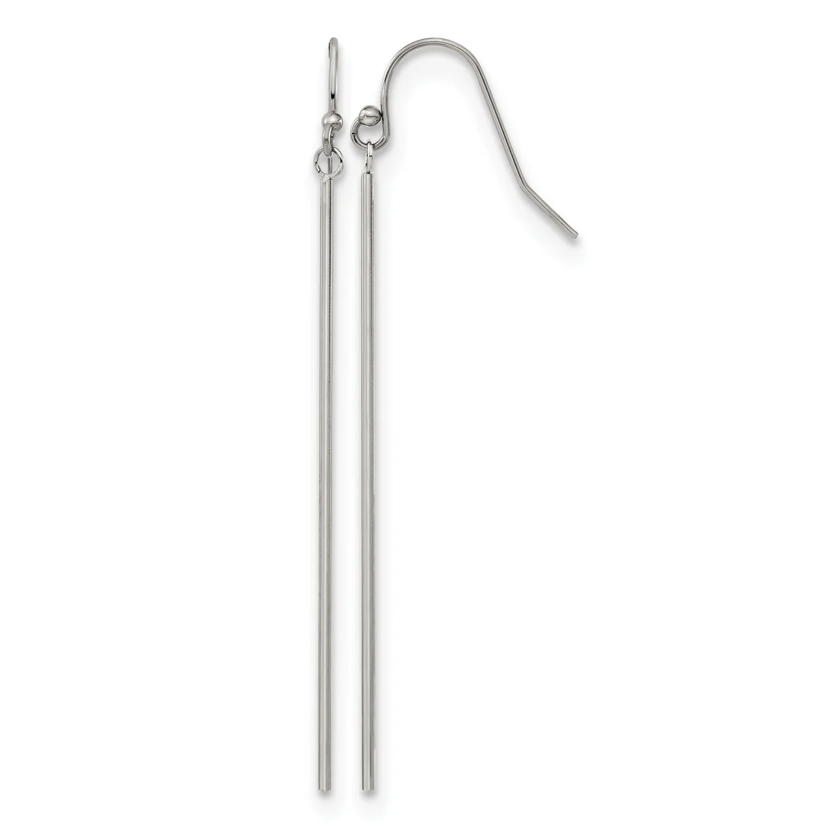 A pair of long silver stick earrings with curved ear wires, displayed against a white background.
