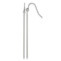 A pair of long silver stick earrings with curved ear wires, displayed against a white background.