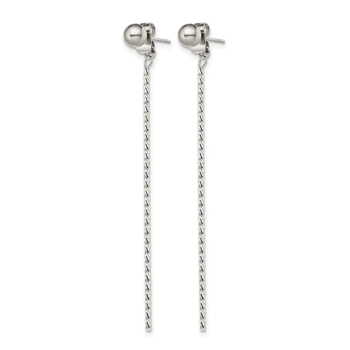 Pair of silver-toned drop earrings with ball studs at the top and long twisted chain strands hanging below.