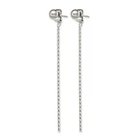 Pair of silver-toned drop earrings with ball studs at the top and long twisted chain strands hanging below.