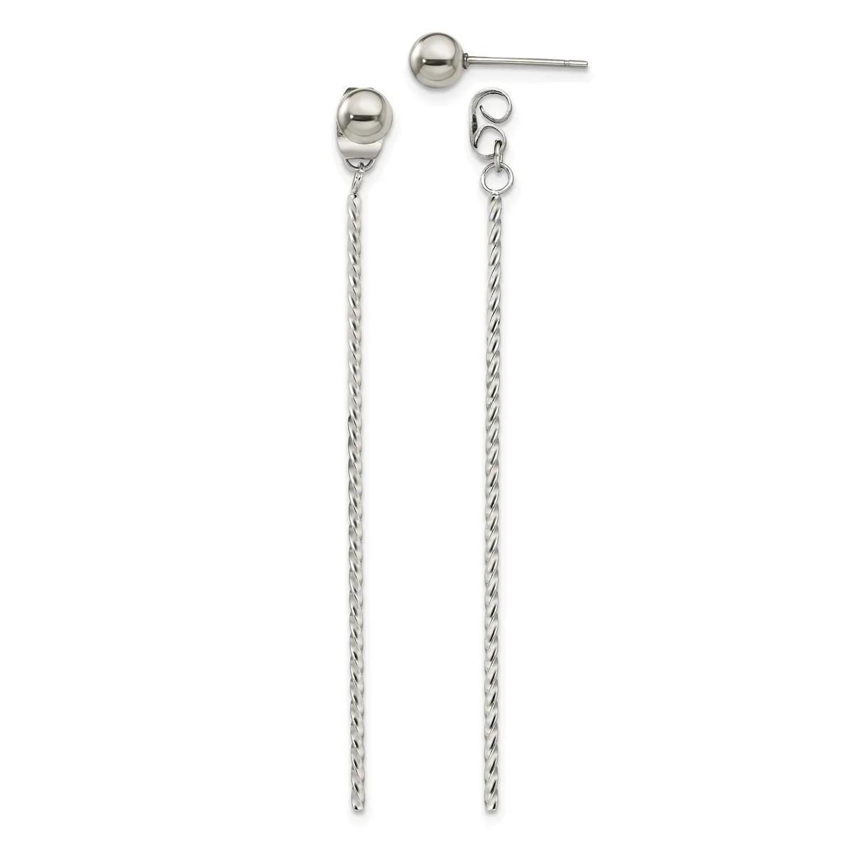 Sterling silver earring set consisting of two pairs: small polished ball studs and longer dangle earrings with twisted chain design and ball tops.