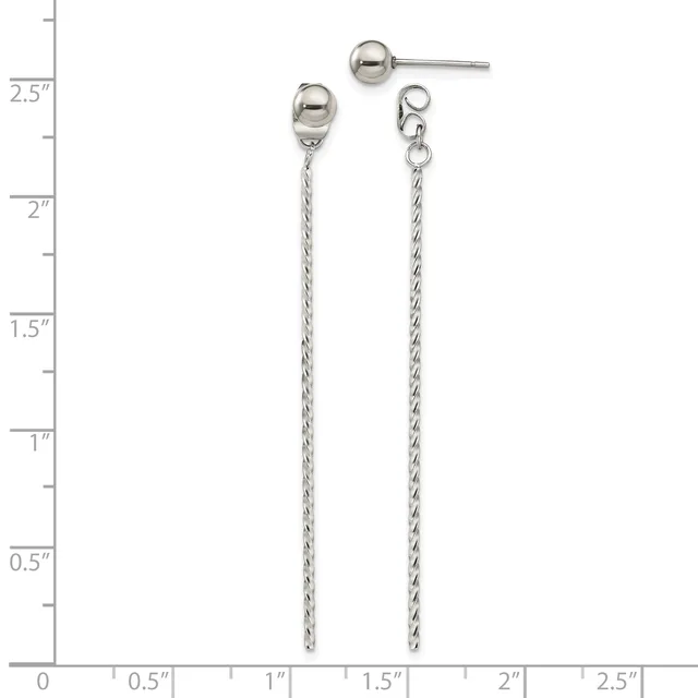 A pair of silver drop earrings with polished ball studs at the top and twisted chain dangles extending to approximately two inches, displayed against a ruler for scale.