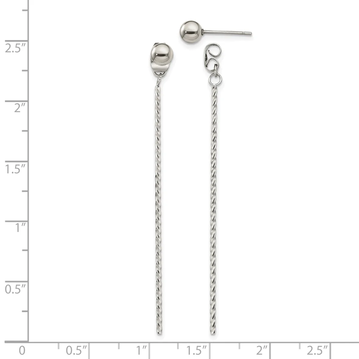 A pair of silver drop earrings with polished ball studs at the top and twisted chain dangles extending to approximately two inches, displayed against a ruler for scale.