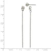 A pair of silver drop earrings with polished ball studs at the top and twisted chain dangles extending to approximately two inches, displayed against a ruler for scale.