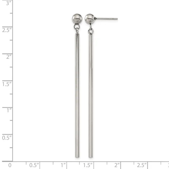 Pair of silver-toned stud earrings with small spherical tops and long cylindrical tube dangles, displayed against a measurement ruler showing approximately 2.5 inches in length.