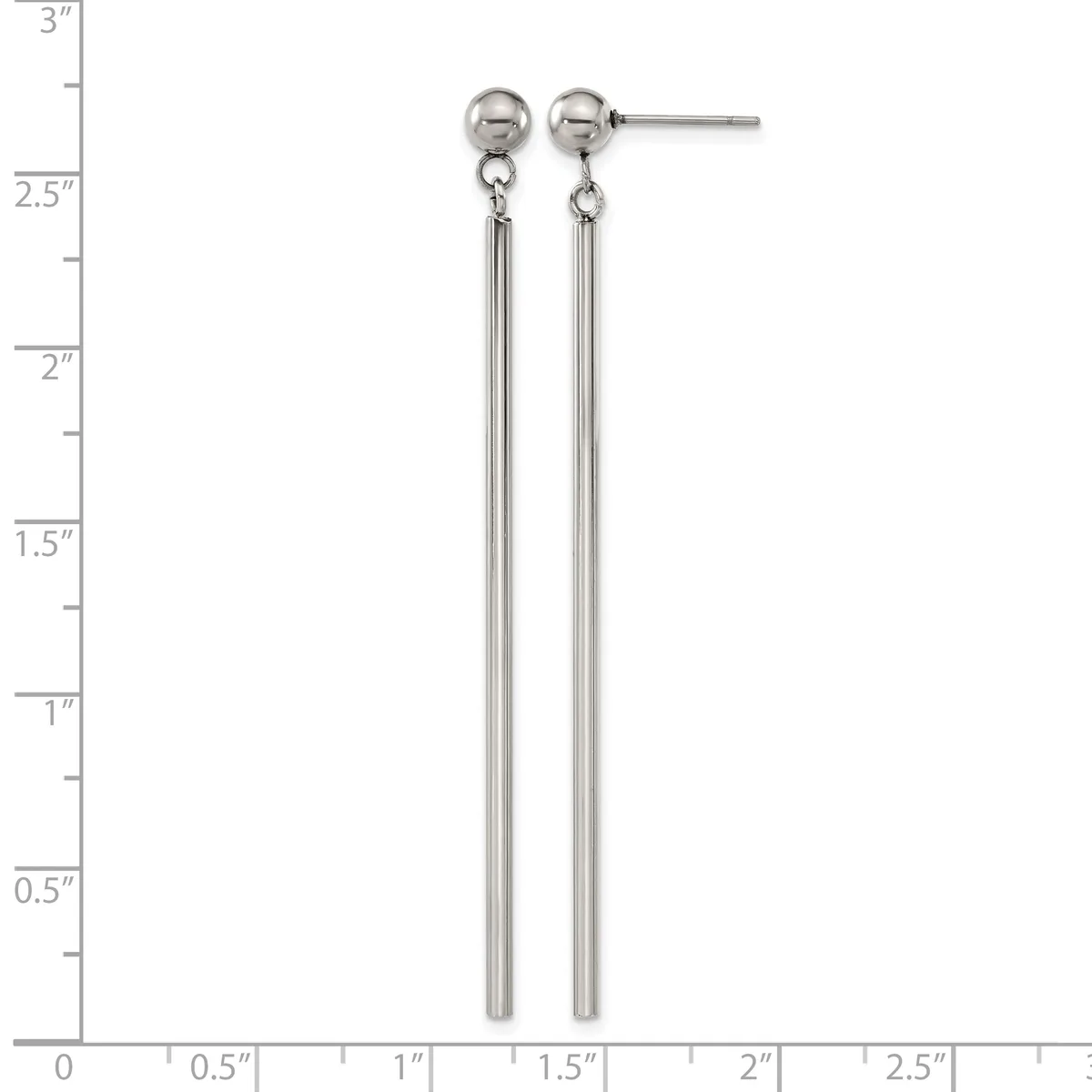 Pair of silver-toned stud earrings with small spherical tops and long cylindrical tube dangles, displayed against a measurement ruler showing approximately 2.5 inches in length.