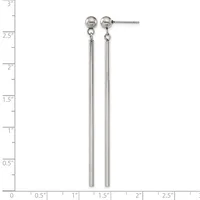 Pair of silver-toned stud earrings with small spherical tops and long cylindrical tube dangles, displayed against a measurement ruler showing approximately 2.5 inches in length.