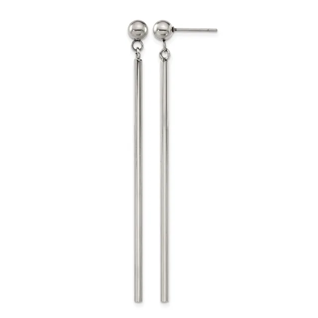 Pair of long, dangling silver-tone earrings with ball studs at top and thin cylindrical tubes hanging below, shown against a white background.