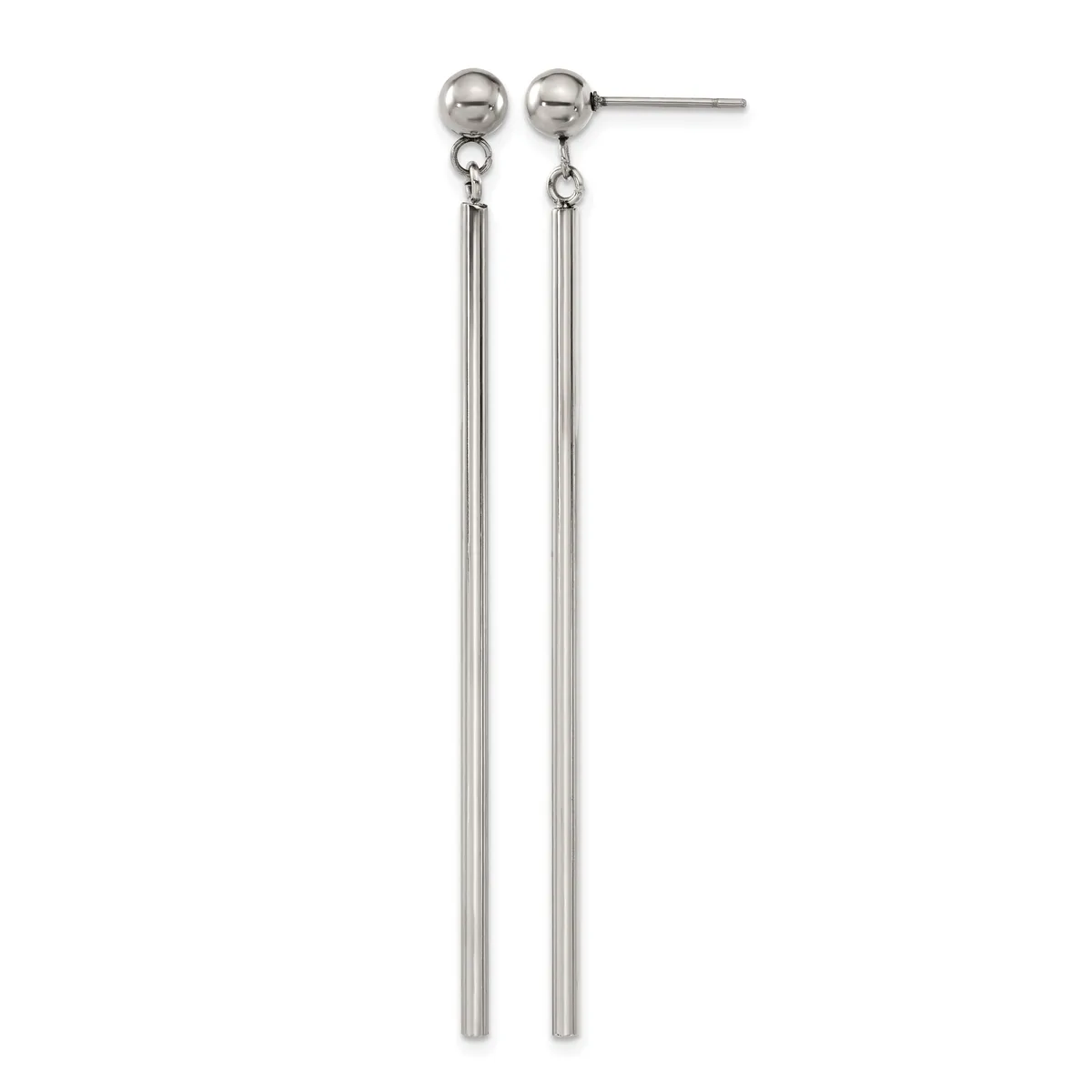 Pair of long, dangling silver-tone earrings with ball studs at top and thin cylindrical tubes hanging below, shown against a white background.