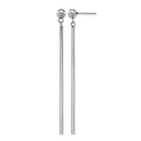 Pair of long, dangling silver-tone earrings with ball studs at top and thin cylindrical tubes hanging below, shown against a white background.