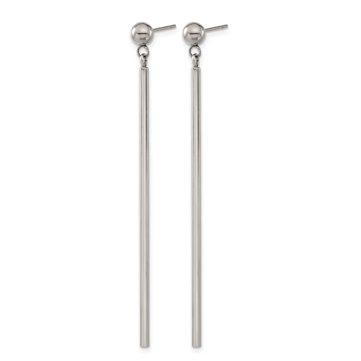 Pair of long silver-toned dangle earrings with ball studs at the top and thin vertical rod pendants, displayed against a white background.