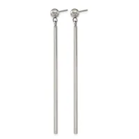 Pair of long silver-toned dangle earrings with ball studs at the top and thin vertical rod pendants, displayed against a white background.