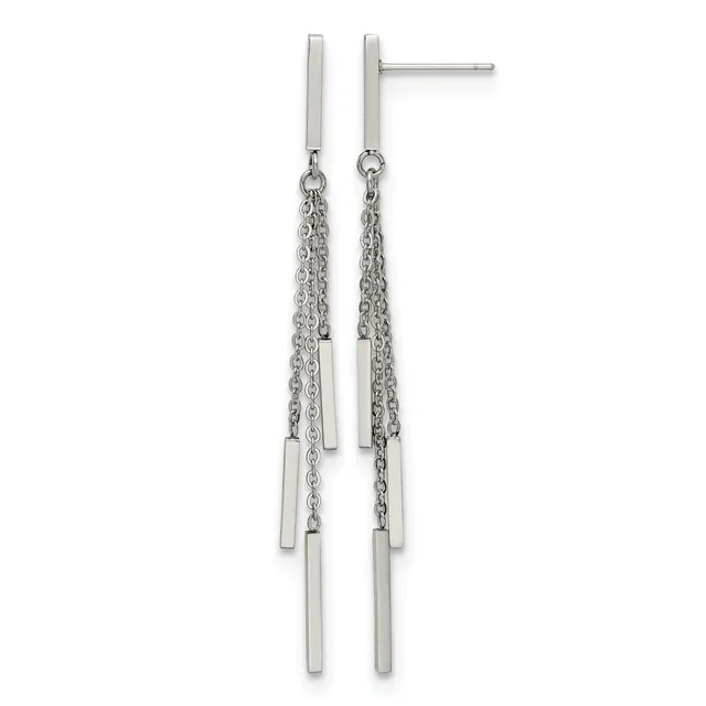 Pair of long silver-toned stud earrings with rectangular posts and dangling chains attached to small rectangular bars.