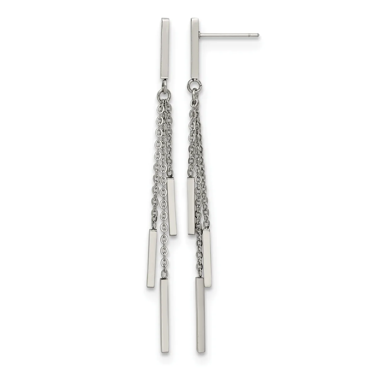 Pair of long silver-toned stud earrings with rectangular posts and dangling chains attached to small rectangular bars.